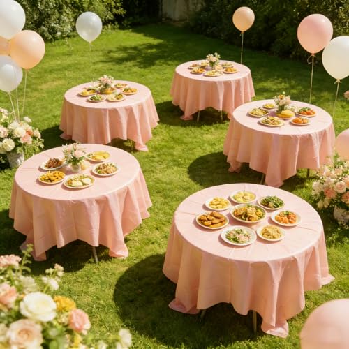 Image of CIEOVO 12 Pcs 84 Inch Rose Gold Round Plastic Disposable Table Cloth Waterproof Tablecloth Circle Table Covers for Valentine's Day Bridal Wedding Birthday Gender Reveal Party Decorations