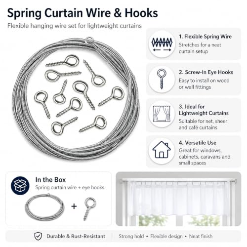 Image of Livshine Spring Curtain Wire 2 Meter with 8 Screw Eye Hooks, Flexible Metal Curtain Hanging Wire Kit for Windows, Cafe Curtains, Photo Display, String Lights and Decor