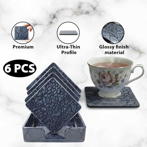 Image of Unbreakable Acrylic Coaster Set - 6 Black Square Drink Coasters for Home Office, Gaming, and Study Decor - Stylish Moisture-Protecting Accessories for Tea and Coffee (Black)