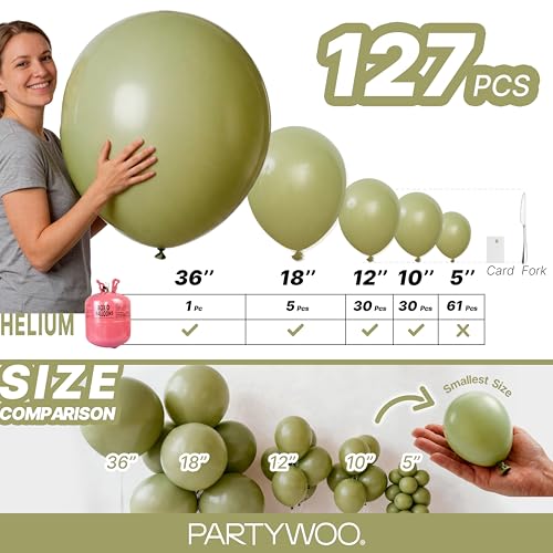 Image of PartyWoo Sage Green Balloons 127pcs Different Sizes of 36 18 12 10 5 Inch Olive Boho Green Latex Balloon Arch Kit for Wedding Birthday Dinosaur Jungle Golf Football Theme Party Decorations Green-F11