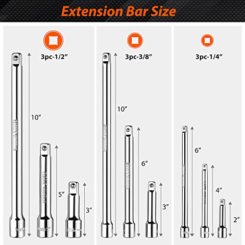 Valuemax 9 Pcs Extension Bar Set, 1/4", 3/8", 1/2" Drive Socket Extension Bar Set For Ratchet Wrench, Premium Chrome Vanadium Steel With Mirror Finish, Chrome Plated, Storage Tray Included #TOP1