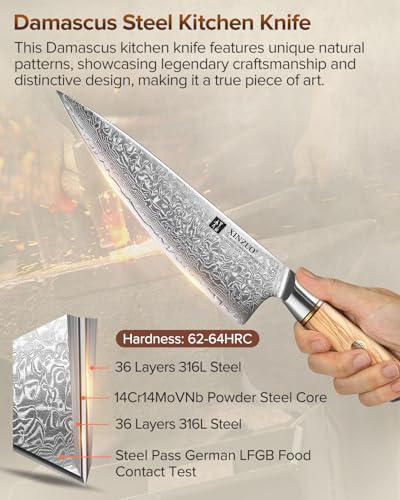 XINZUO Set Cuchillo Cocina con Bloque de Cuchillos 8 Piezas, Acero en Polvo de Damasco de 73 Capas Juegos de Cuchillo de Chef Profesional-Mango de Madera de Olivo -con Tijeras de Cocina y Chaira - imagen 2