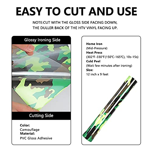Image of FUNKAKA HTV Heat Transfer Vinyl Rolls, Camo Army Green, 12 inch x 9ft | Iron on Vinyl for T-Shirt, Stretchy PU HTV Vinyl for All Cutter Machines Easy to Cut & Weed for DIY Art Crafts Fabric