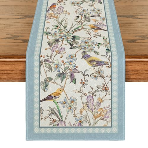 Artoid Mode Blue Birds Flowers Blossom Table Runner, Seasonal Spring Floral Kitchen Dining Table Decoration for Home Party Decor 13×72 Inch