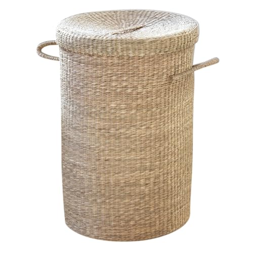 Calicosy - Panier À Linge - Jonc De Mer Naturel - Matière Naturelle Robuste - Résiste À l'eau - avec Couvercle Et Anses - Salle De Bain, Buanderie, Chambre...