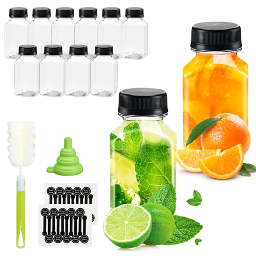 WenYa Reusable Plastic Juice Bottles Leak-proof Bulk Beverage Bottles with Lids Mini Fridge Bottle with Labels Funnel and Brush Small Drink Containers for Juicing Smoothies - 5oz/150ml - 12 Pack