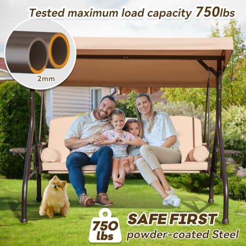 Image of 3 in 1 Outdoor Porch Swing with Adjustable Canopy, 3 Seat Outdoor Swing for Adults, Patio Swing Chair with Thickened Cushions,Pillows & Cup Holders for Backyard, Porch, Garden (Khaki)