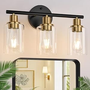3-Light Bathroom Light Fixtures, Black and Gold Bathroom Wall Lights, Modern Vanity Light with Clear Glass Shade, Bathroom Wall Lamp for Mirror Kitchen Bedroom Hallway Cabinet