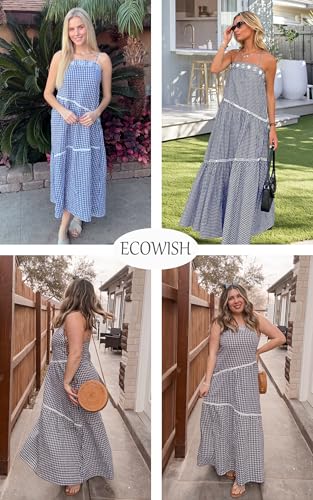 Image of ECOWISH Women Sleeveless Maxi Dress: Summer Spaghetti Strap Casual Loose Boho Beach Dress Asymmetric Tiered Flowy Long Dress