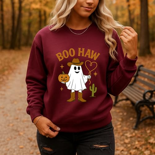 BOO HAW Cowboy Ghost Sweatshirt, Halloween Western Pullover, Pumpkin Cowboy Crewneck3