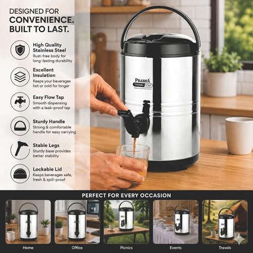 Image of Prabha Splash Travel Jug Thermo Star Premium Stainless Steel Insulated Water Jug with Pull-Tap Dispenser | Double-Walled Hot & Cold Beverage Camplite with Portable Carrying Handle (20 Liter)