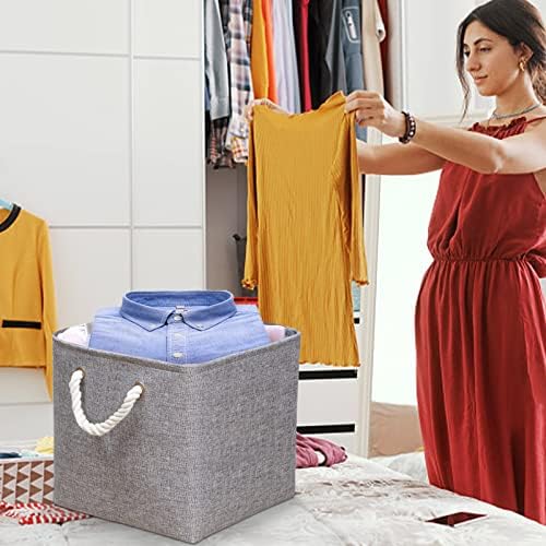 Yawinhe Foldable Storage Basket 3 Pack, Collapsible Storage Bins with Rope Handles, Wardrobe Organiser, for Sorting Clothes, Books, Toys, Family Items, 30x30x30cm, Grey, SNK004GS