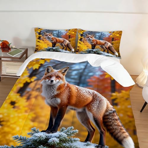 Image of Wildlife Fox Comforter Set Full Size Red Fox Snowy Pine Tree Print Bedding Sets for Girls Boys Kids Adults Bedroom Decor Autumn Forest Quilt 1 Comforter 2 Pillowcases