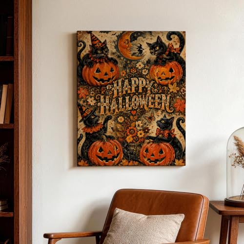 Decoración de hogar para sala de estar con lienzo de gato y bruja 3