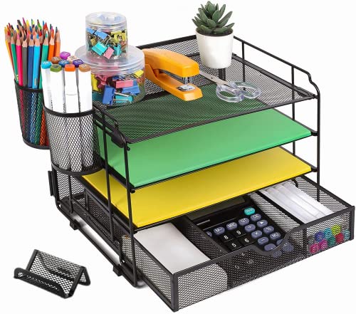 Daltack 4-Trays Desktop File Organizer With Pen Holder, Letter Tray Paper Organizer With Drawer And Pen Holders, Black Mesh Office Supplies File Holder, Desk Organizer For Office School Home #TOP6