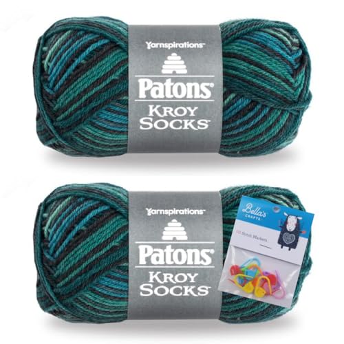 Patons Kroy Socks Yarn 2-Pack Bundle with Bella's Crafts Stitch Markers (Turquoise Stripes)