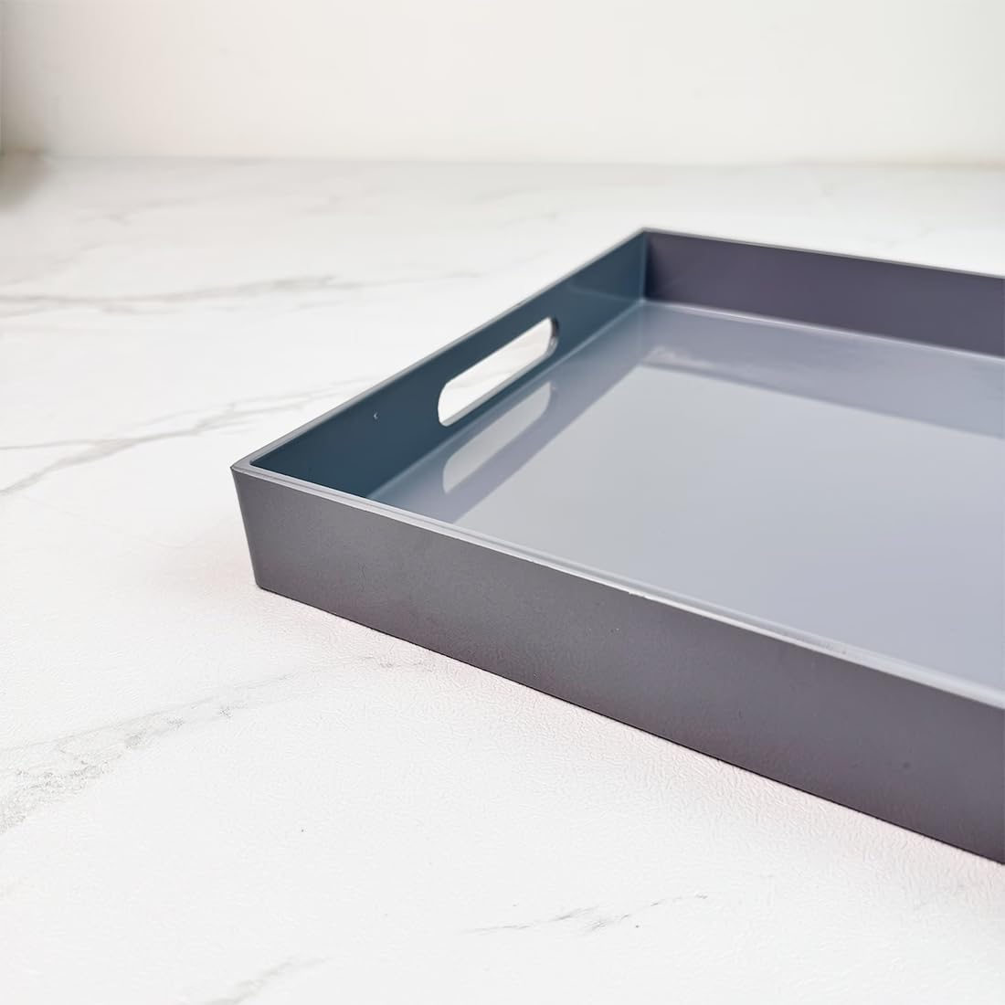Grey Decorative Tray, Rectangular Large Serving Tray with Handles, Plastic Coffee Table Tray for Ottoman, Living Room, Kitchen Tabletop, 15.7” x 11.8” x1.6” - Image 4