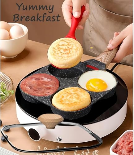 Image of Non-Stick 4-Hole Frying Pan for Cooking | Heavy-Duty Iron Egg Frying Pan with Wooden Handle | Multi-Section Omelette & Pancake Maker | Non-Stick Breakfast Skillet for Kitchen (Black)