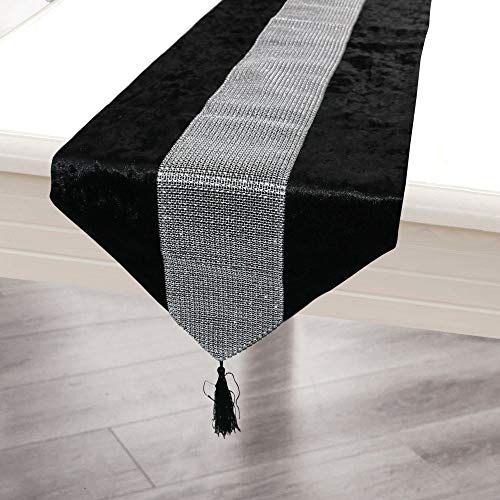 Time to Sparkle Luxury Velvet Diamante Table Runner Thick Velvet Chenille Satin Tasseled Christmas Xmas (Velvet-black, Runner 31x183cm) - Image 2