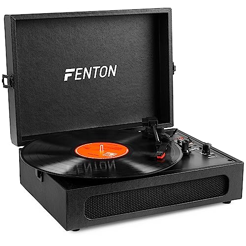 Fenton RP118B Platine Vinyle Valise Bluetooth avec Haut-Parleurs Intégrés, Style Cuir Noir, Emetteur Bluetooth, Lecture 33, 45 et 78 Tours, Idéal pour Décorer et Écouter Vos Vinyles