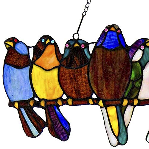 Spring Pendant Window Decor Stained Glass Birds-On-A-Wire Window Panel Hanging Catcher-on a Wire High Stained Glass Suncatcher Window Panel(10 Birds)