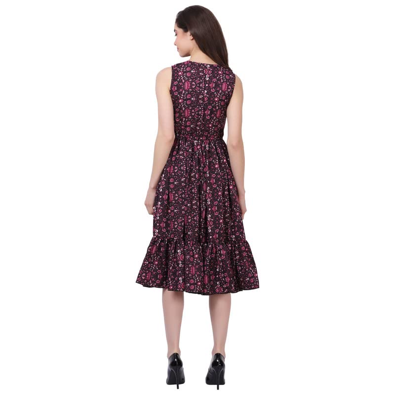 Image of Women's Crepe A-Line Knee Length Dress | Western Sleeveless Dress for Girls | Flared Frock | Frill Midi | Knee Gown