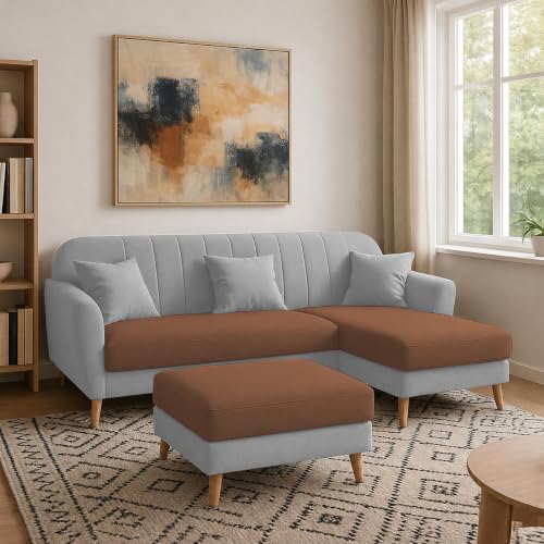 Image of Atticus RHS 4 Seater L Shape Sofa Set with Ottoman for Living Room (Brown Grey Fabric) Premium Fabric Sofa Set