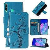 Miagon Brieftasche Flip Hülle für Huawei Y7P/P40 Lite E,Schön Schmetterling Baum Katze Design PU Leder Buch Stil Stand Funktion Handyhülle Case Cover,Blau