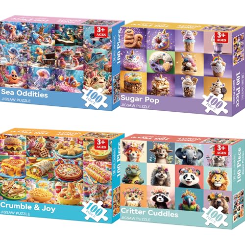 Set de 4 rompecabezas de 100 piezas para niños y adultos, con piezas grandes de animales y comida, ideal para actividades de demencia y Alzheimer, para edades de 3 a 120 meses, tamaño 15 x 10.2 pulgadas miniatura 1