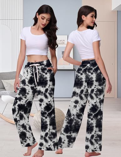 Image of Veseacky Women's Wide Leg Lounge Pants Yoga Pajamas Comfy Stretch Drawstring Pajamas Puls Size Dance Bottoms S-4XL