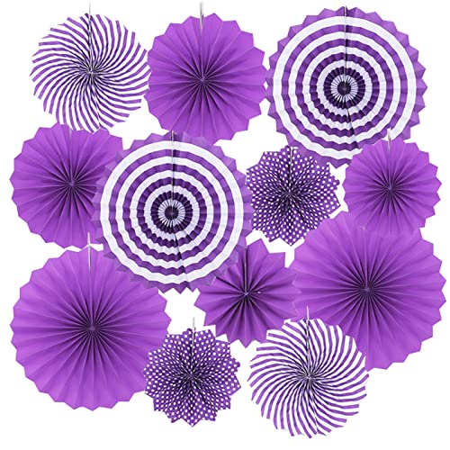 Image of LRCXL 12PCS Party Hanging Paper Fans Set, Fiesta Round Pattern Paper Garlands Decoration Party Supplies for New Year Baby Shower Birthday Wedding Graduation Events Accessories(Purple)