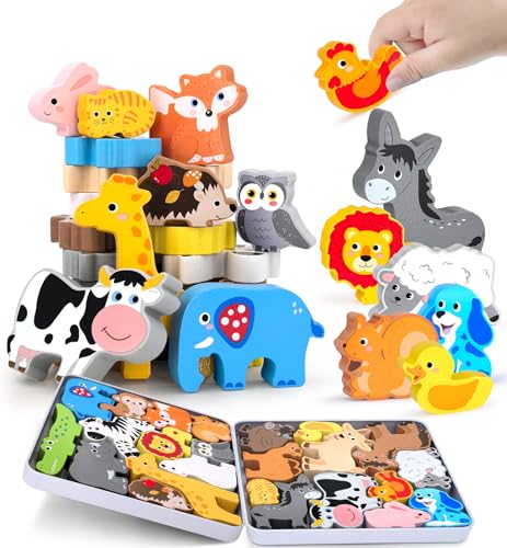Wooden Animal Puzzles Toys for Toddlers 24 Pcs Farm and Safari Animal Figures Animal Matching Sorting Stacking Toys for Boys Child Girls Educational Learning Toys Gift for Kids
