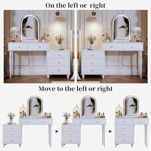 White Vanity Desk with 3 Color Touch Screen Dimming Mirror, Modern Retractable Makeup Dressing Table with Power Strip,Adjustable Cabinet and 5 Sliding Drawers,Vanity Table Set,Writing Desk Bedroom - Image 6