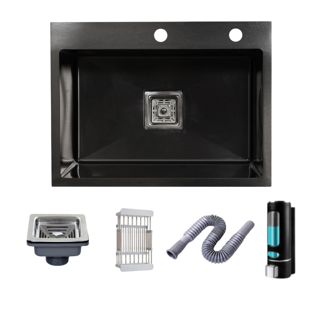 Bowls & More | Handmade Kitchen Sink With Soap Dispenser | 24" x 18" x 10" Matt Finish | Single Bowl | Stainless Steel Sink With Tap Hole | Vessel Sink (Black) (B0CL9X4SXN) Amazon Price History, Amazon Price Tracker