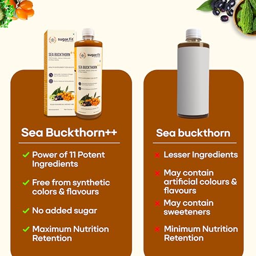 Image of Sugar.fit Himalayan Sea Buckthorn Juice 1000ml | Cold Pressed Seabuckthorn Berry Pulp with 14 Herbs - Amla, Karela, Jamun | Natural Vitamin C, Omega 3 6 7 9 | Immunity, Skin Glow & Gut Health