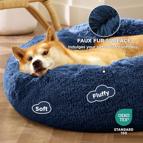 Image of Bedsure Calming Dog Bed for Medium Dogs - Donut Washable Medium Pet Bed, 30 inches Anti-Slip Round Fluffy Plush Faux Fur Cat Bed, Fits up to 45 lbs Pets, Navy