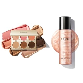 ICONIC LONDON Multi Use Cream Blush, Bronze, and Highlight Palette and Prep-Set-Glow Original Bundle | Contour, Conceal, Highlight Palette with Hydrating and Glowing Setting Spray