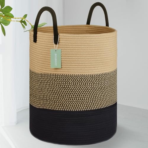 Image of Large Cotton Rope Laundry Hamper for Clothes 65L, Brown & Black | 16 inchx 20 inch, Tall Woven Storage Basket for Nursery, Bedroom & Living Room; Stores Clothes, Blankets, Pillows, Toys & Towels
