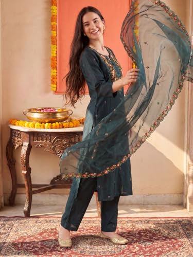 Image of INDO ERA Women's Silk Blend Floral Embroidered Thread Work Kurta & Pant with Dupatta Set