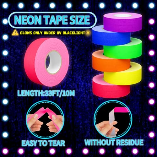 Image of SWRT Neon Gaffer Cloth UV Blacklight Tape for Father's Day Decorations, 6 Rolls Multi-Color UV Fluorescent Glow in The Dark Tape for Party Decoration, Dance Floors, UV Party (1 inch x 33 feet)