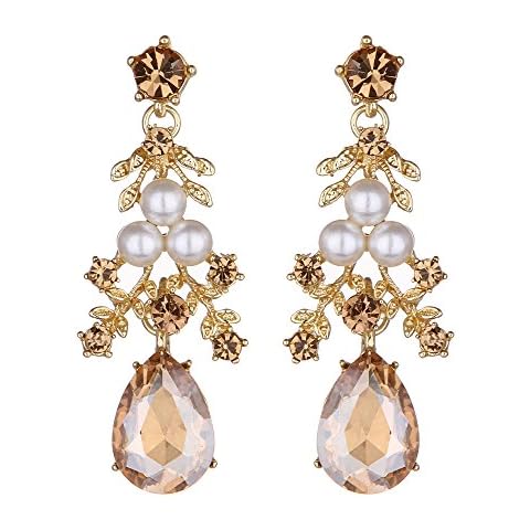 Youfir Austrian Rhinestone Pearls Leaf Statement Crystal Earrings Dangle for Women(Champagne) Cover