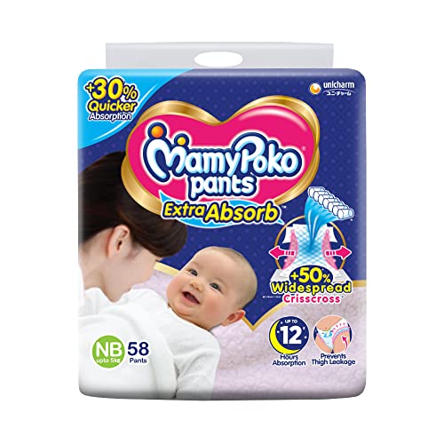 MamyPoko Pants Extra Absorb Baby Diapers, New Born (NB size) | 0-5 kg | 58 Count |Deep Sleep Diapers| Soft gentle fit |Deep Absorbent Crisscross | skin friendly with coconut oil |