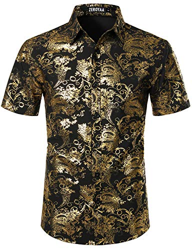 ZEROYAA Men s Luxury Paisley Shiny Stylish Slim Fit Short Sleeve Button Up Dress Shirt ZLCL23 Black Gold XX-Large