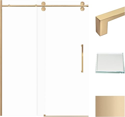 Transolid TBD608010L-S-CB Teegan 56.5-59 in. W x 80 in. H Semi-Frameless Sliding Barn Shower Door with Fixed Panel in Champagne Bronze with Clear