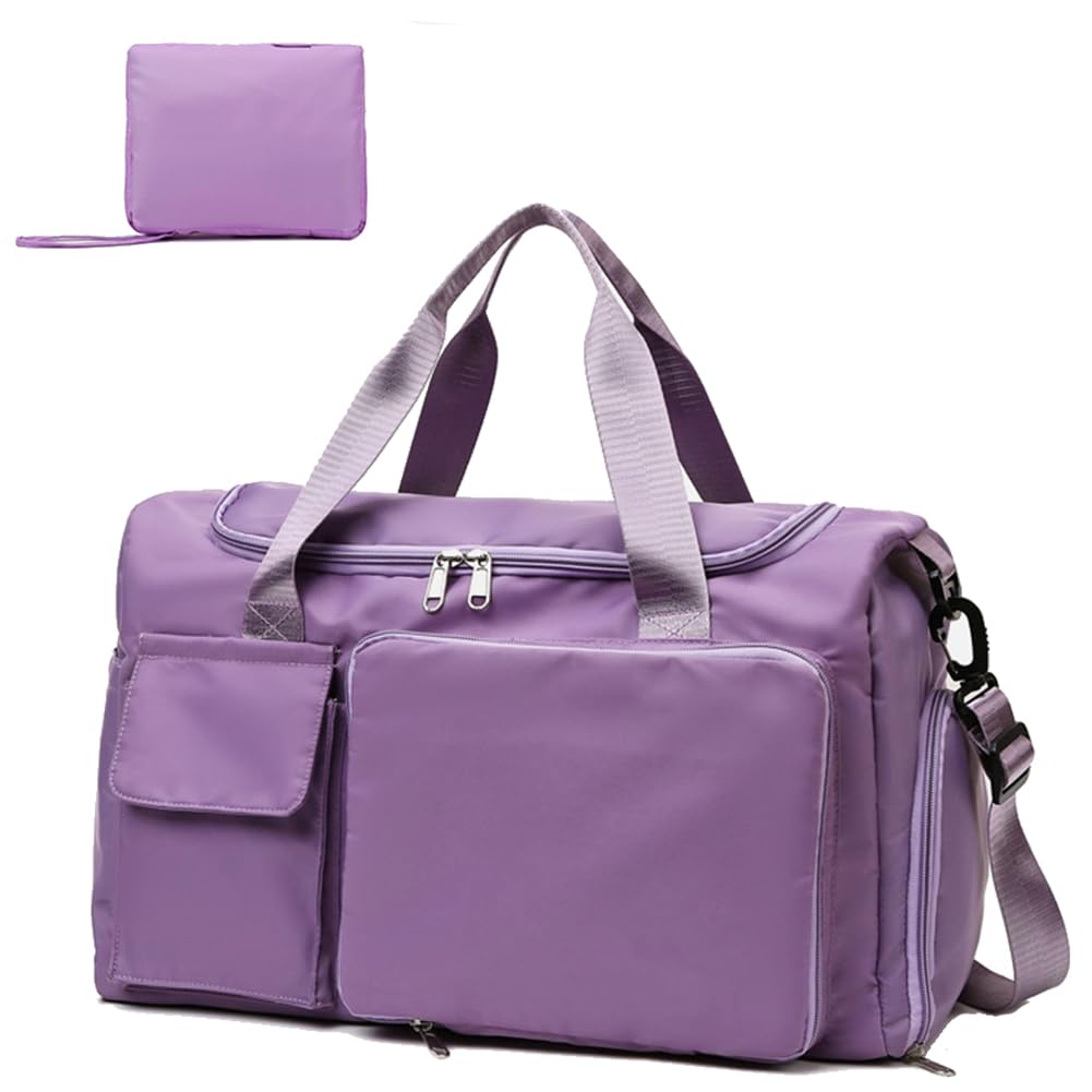 HYCOPROT Bolsa de Viaje para Hombres y Mujeres, Bolsa de Deporte Impermeable con Compartimento para Zapatos y Húmedo, Bolsa de Viaje Plegable para Deportes, Viajes, Entrenamiento (Púrpura)