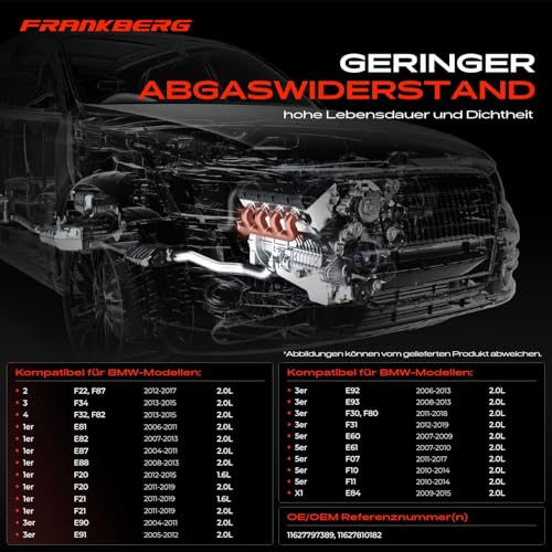 Frankberg Auspuffkrümmer mit Krümmerdichtung Stehbolzen Kompatibel mit 1er E81 E87 1er F20 F21 2 Coupe F22 F87 3er E90 5er E60 X1 E84 X3 E83 Replace# 11627810182
