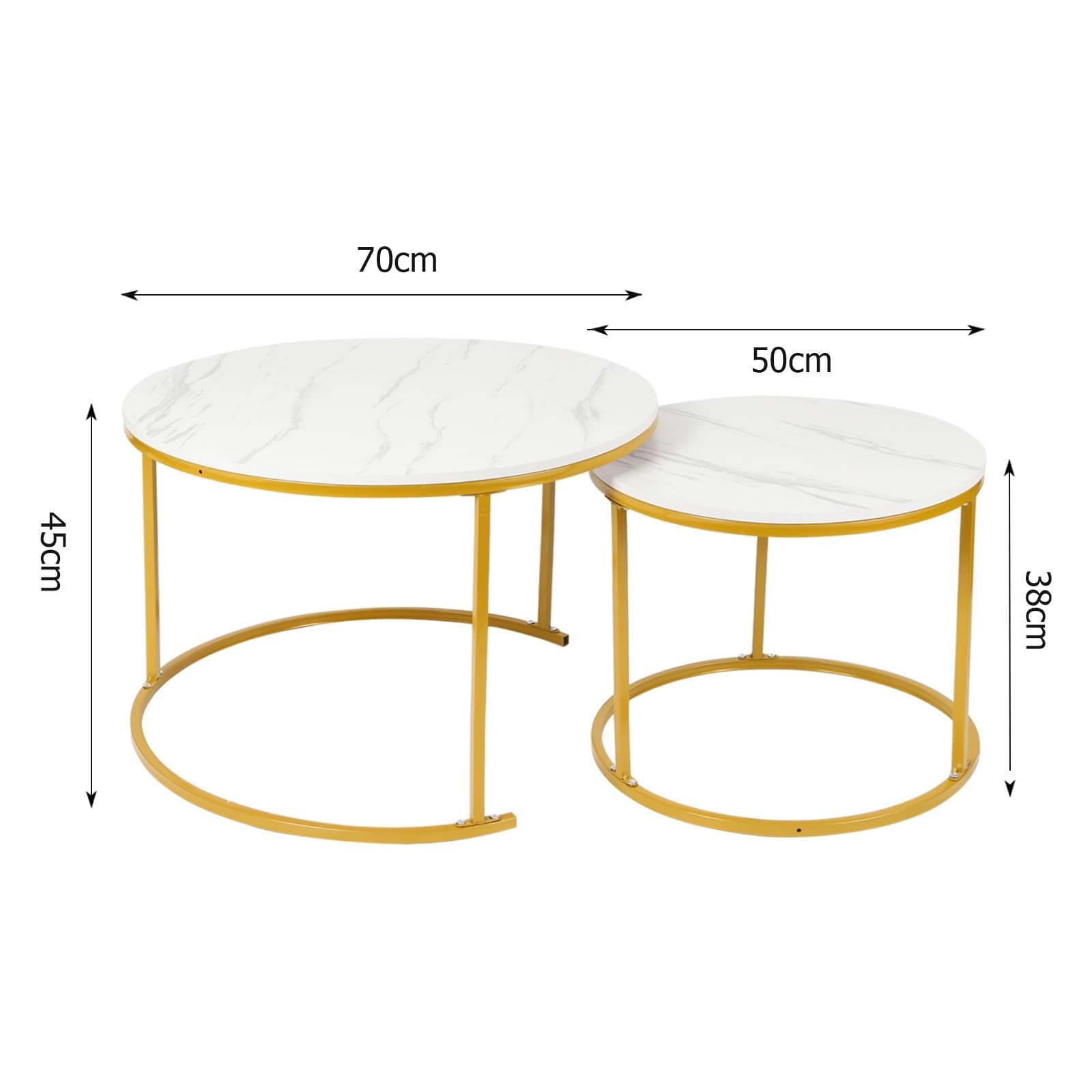OHMG Set di 2 tavolino da salotto effetto marmo, tavolino per soggiorno, diametro 70 + 50 cm, grandi tavoli estraibili rotondi, aspetto marmo e struttura in acciaio dorato (bianco+oro-70 x 70 x 45 cm)