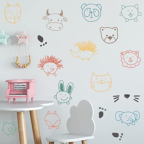 Image of Cartoon Animal Heads Wall Stickers for Kids Baby Wall Stickers for Kids Room Bedroom Playroom Nursery Living Room Decor Wall Art Wall Decoration Boho-Self-Adhesive