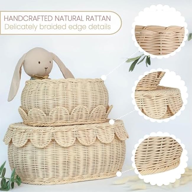 Set of 2 Natural Rattan Storage Baskets with Scalloped Lids ¨C Small & Medium Sizes ¨C Handwoven Braided Edge Detail ¨C Boho Accent Decor for Countertops, Shelves, Home Organization & Gifting.