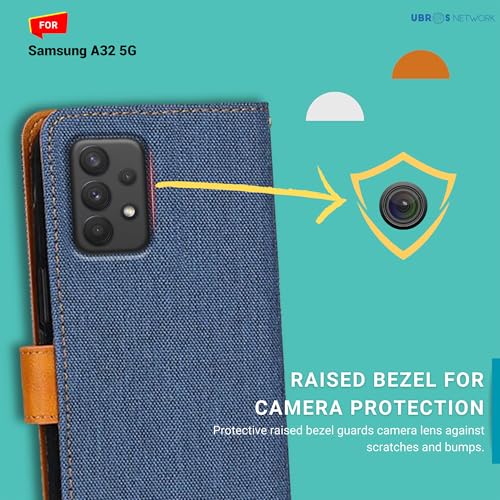 Image of Samsung A32 5G Denim & Leather Flip Back Cover Case | Vegan Leather | Kick Stand & Pockets | Protective Back Flip Cover for Samsung A32 5G (Blue)